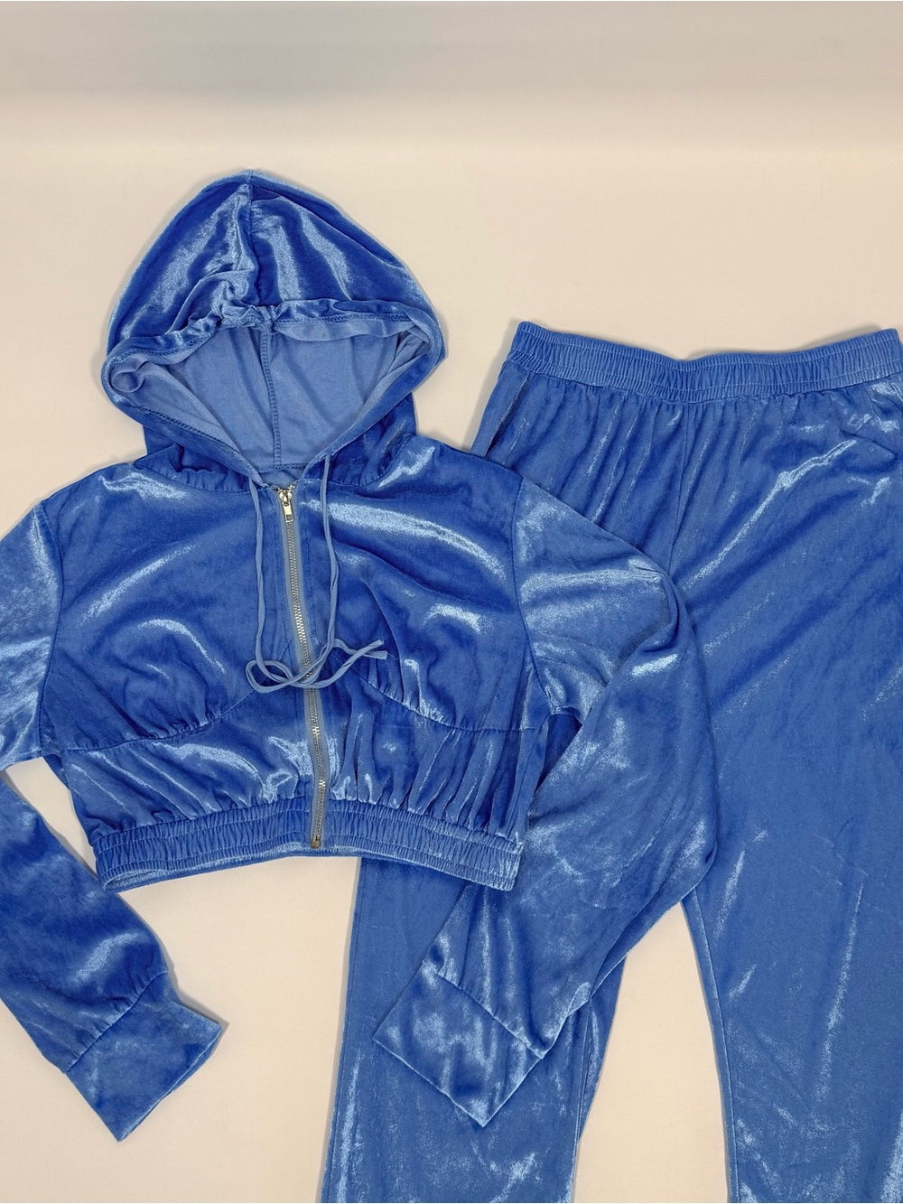 Blue Velour Cropped Hoodie Joggers Sweatpants Pockets Set Size L
